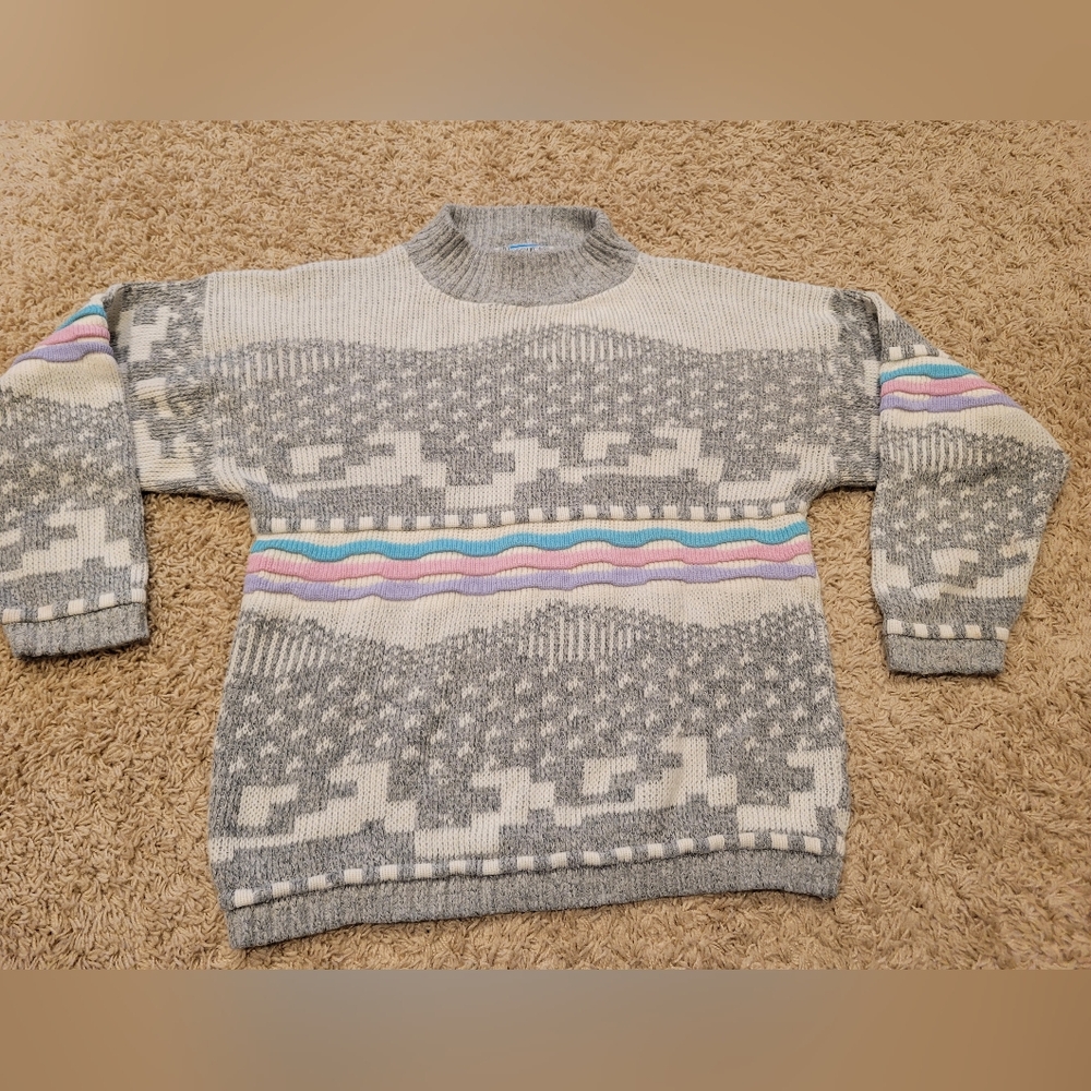 Vintage In Resource Doris Skis Sweater Women’s 18.5x25 Gray Stripe 90’s Coattge